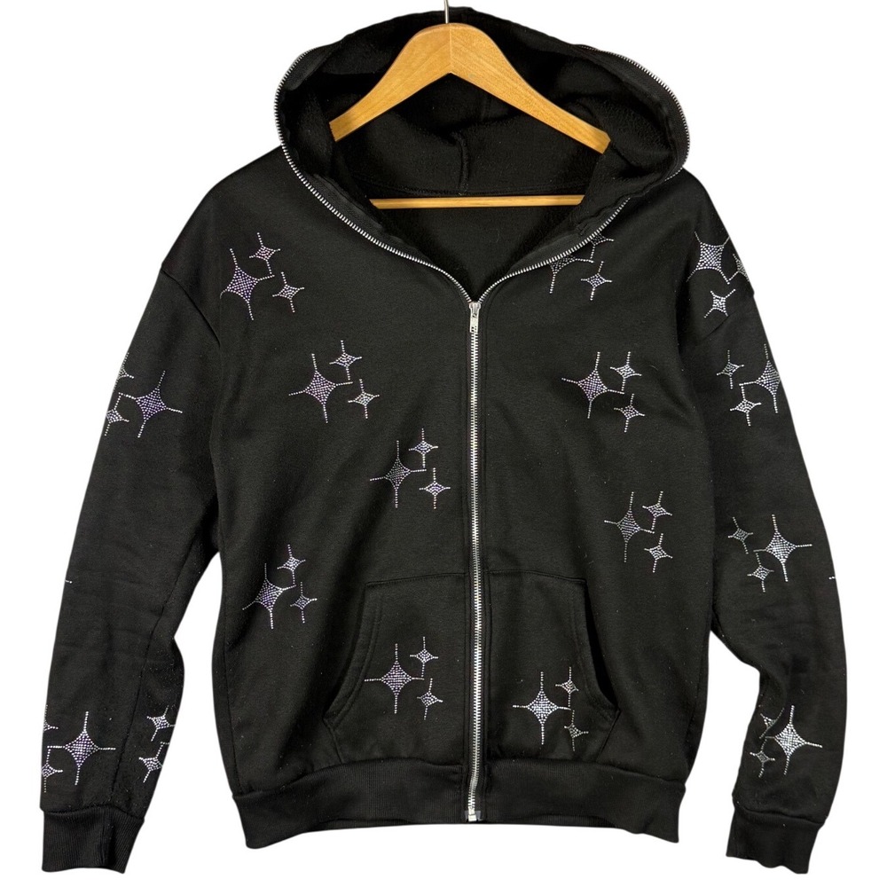 Black Rhinestone Star‎ Zip Up Hoodie Women's Y2K Streetwear